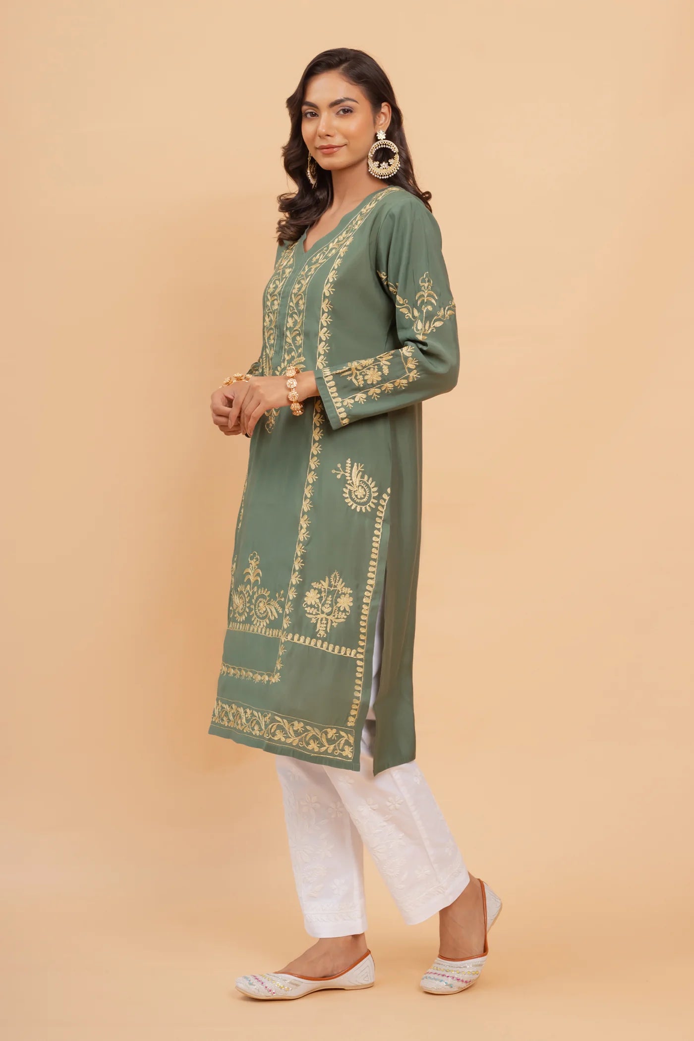 Saba Gold Zari Work Long Kurta In Muslin - Bottle Green