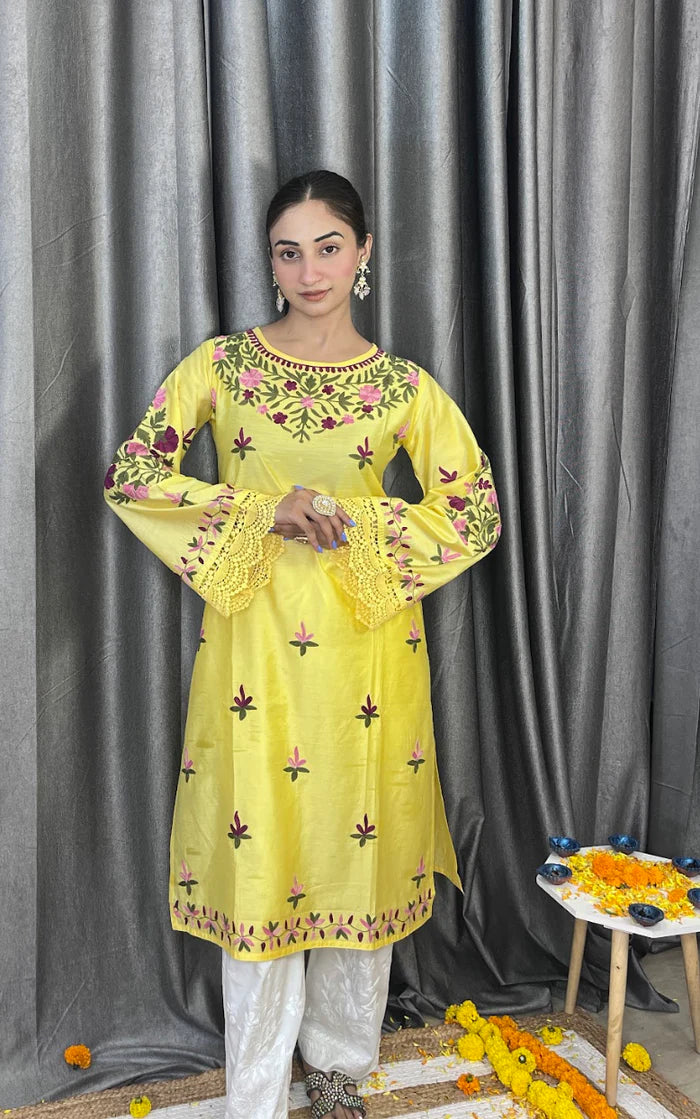 Falak Kashmiri Long Kurta In Yellow Chanderi Silk With Aari