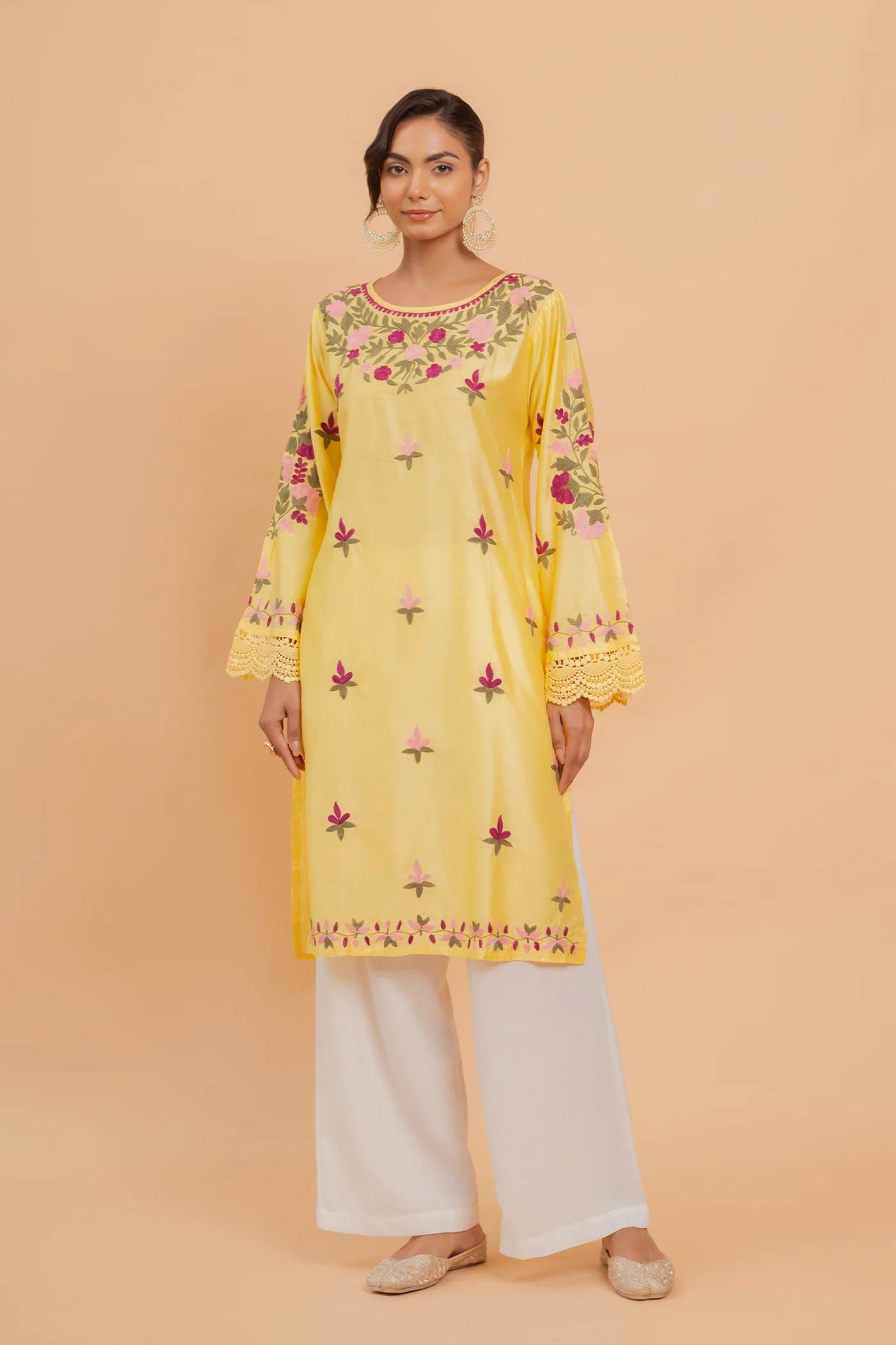 Falak Kashmiri Long Kurta In Yellow Chanderi Silk With Aari