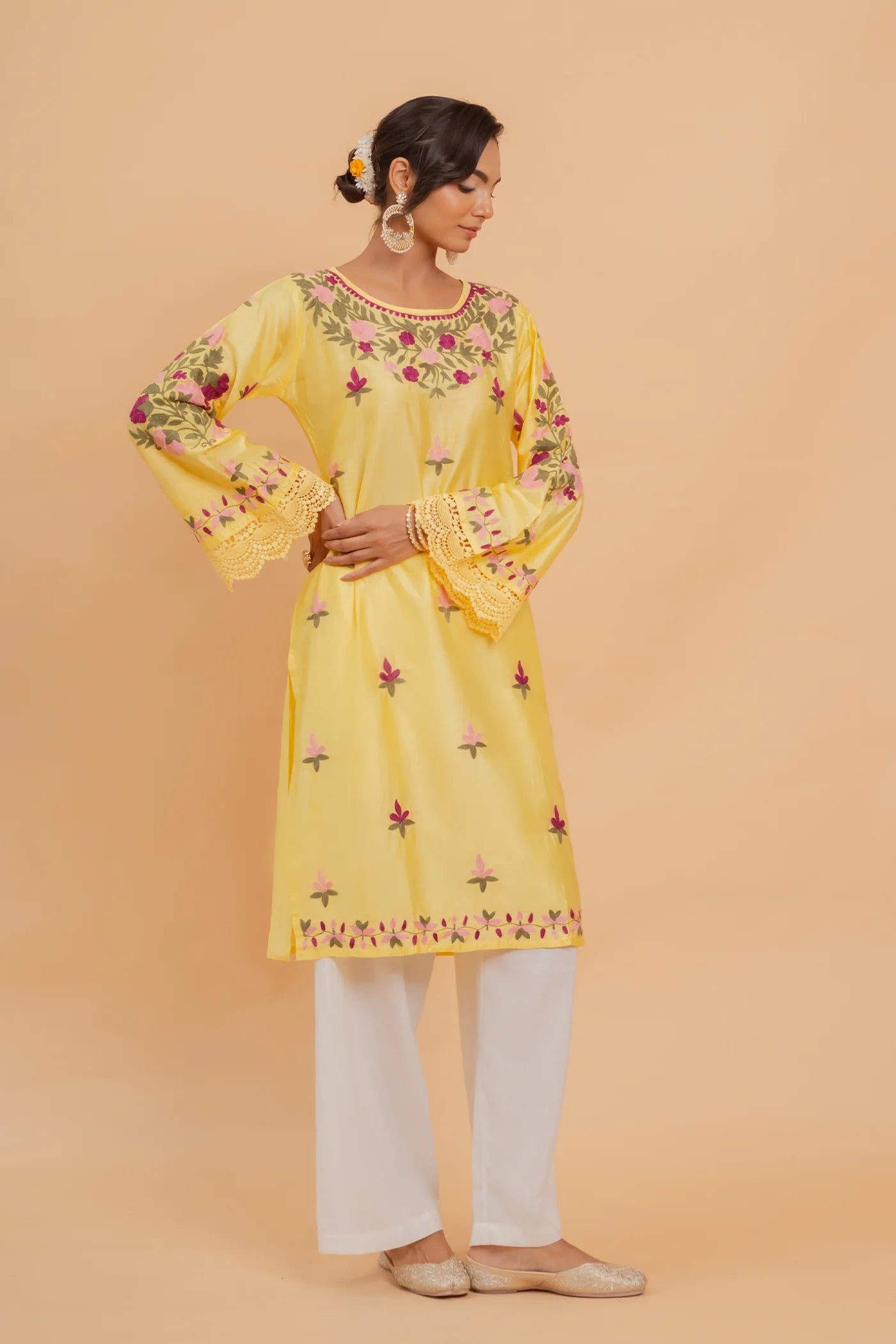 Falak Kashmiri Long Kurta In Yellow Chanderi Silk With Aari