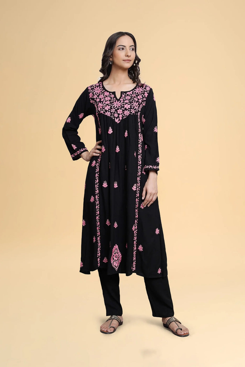 Chikankari Long Kurta in Rayon Cotton - Black