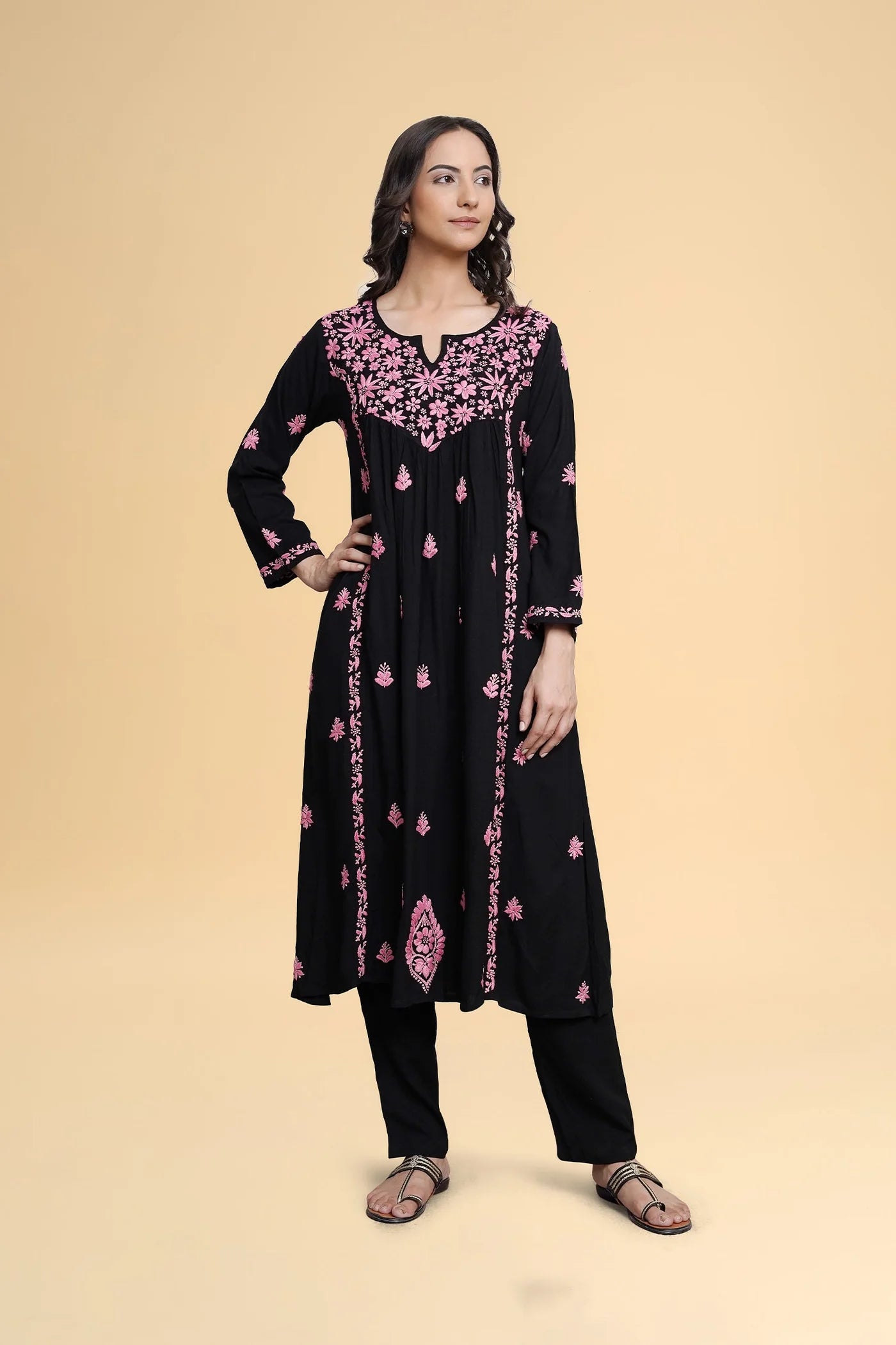 Chikankari Long Kurta in Rayon Cotton - Black