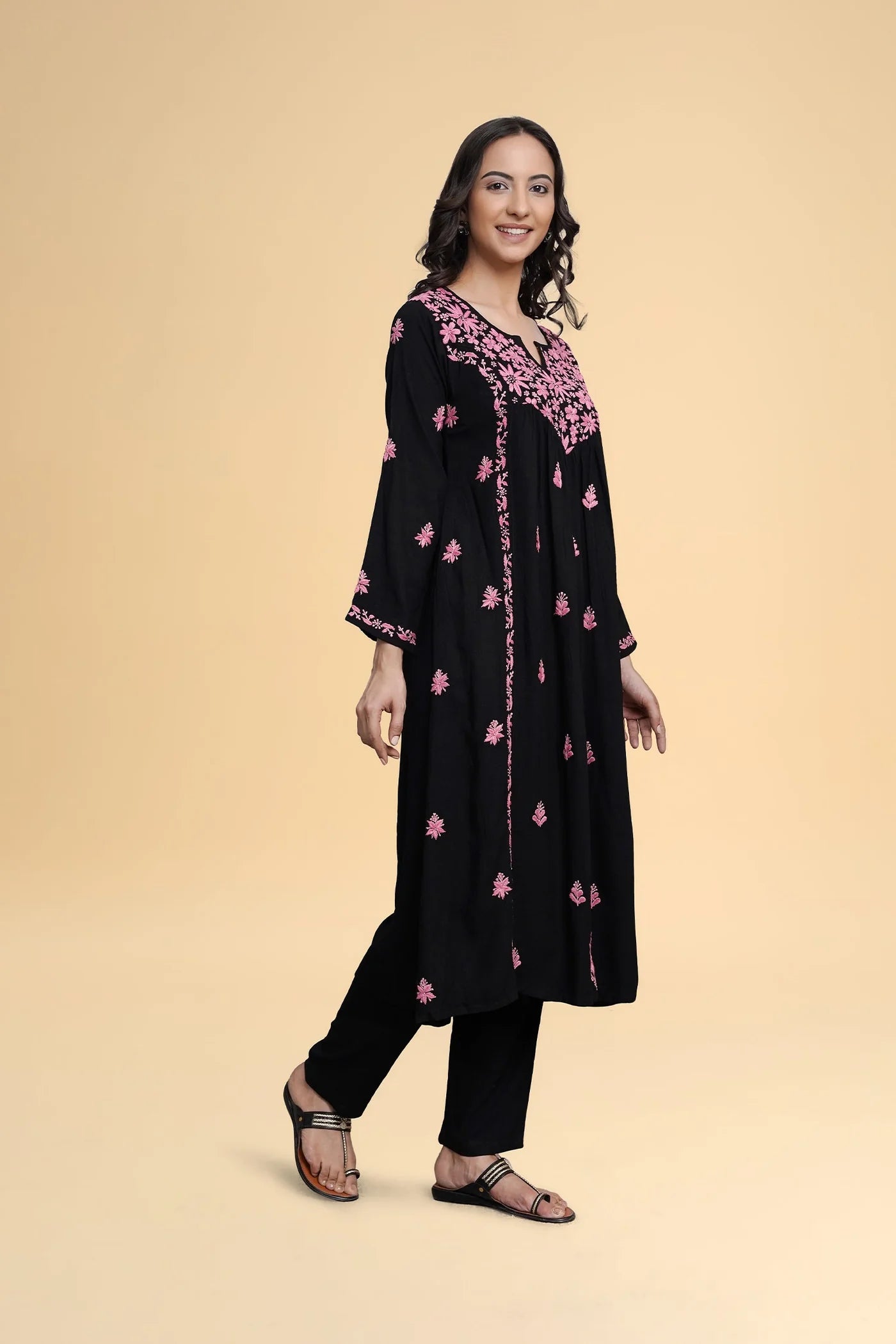 Chikankari Long Kurta in Rayon Cotton - Black