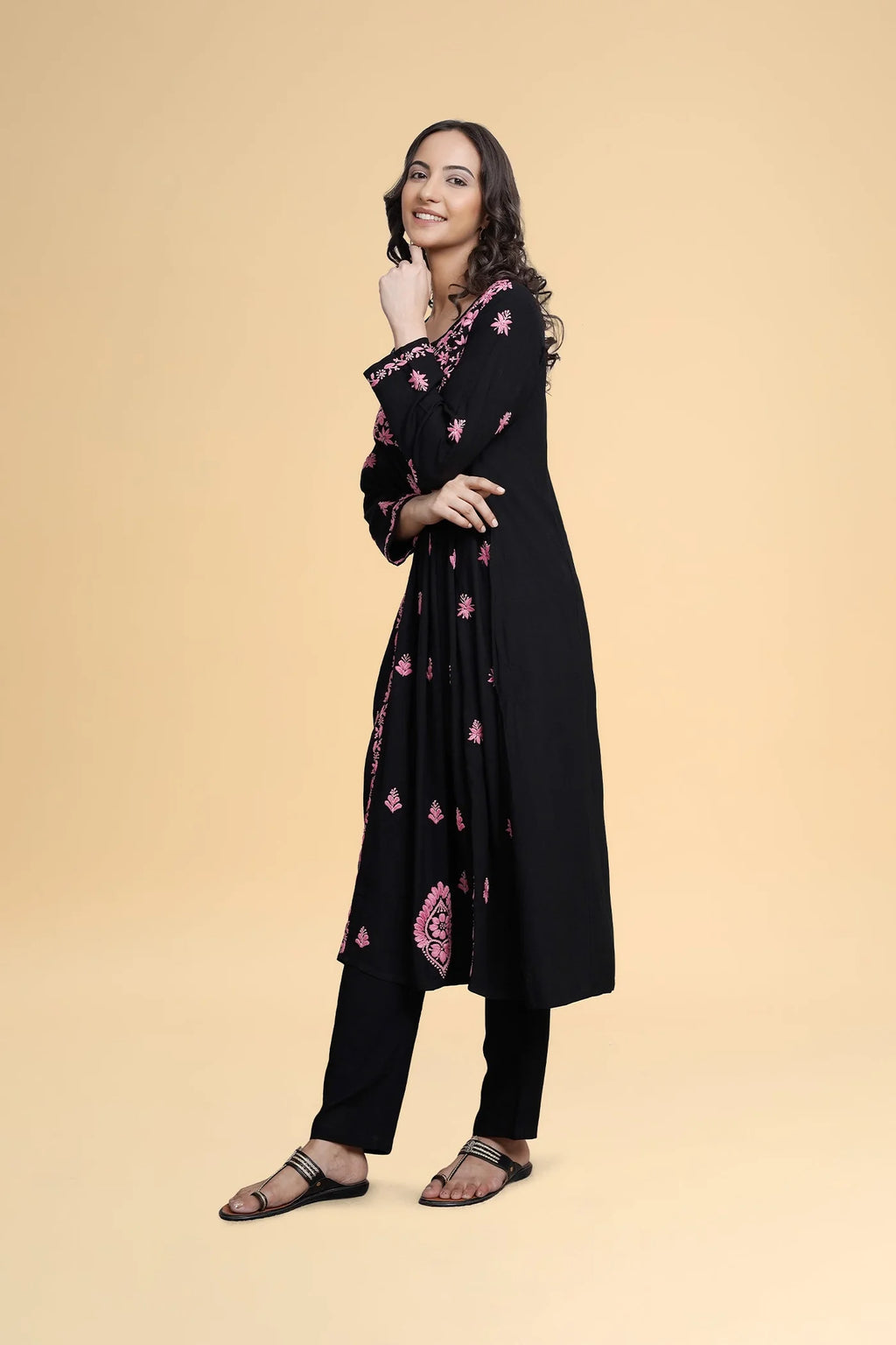 Chikankari Long Kurta in Rayon Cotton - Black