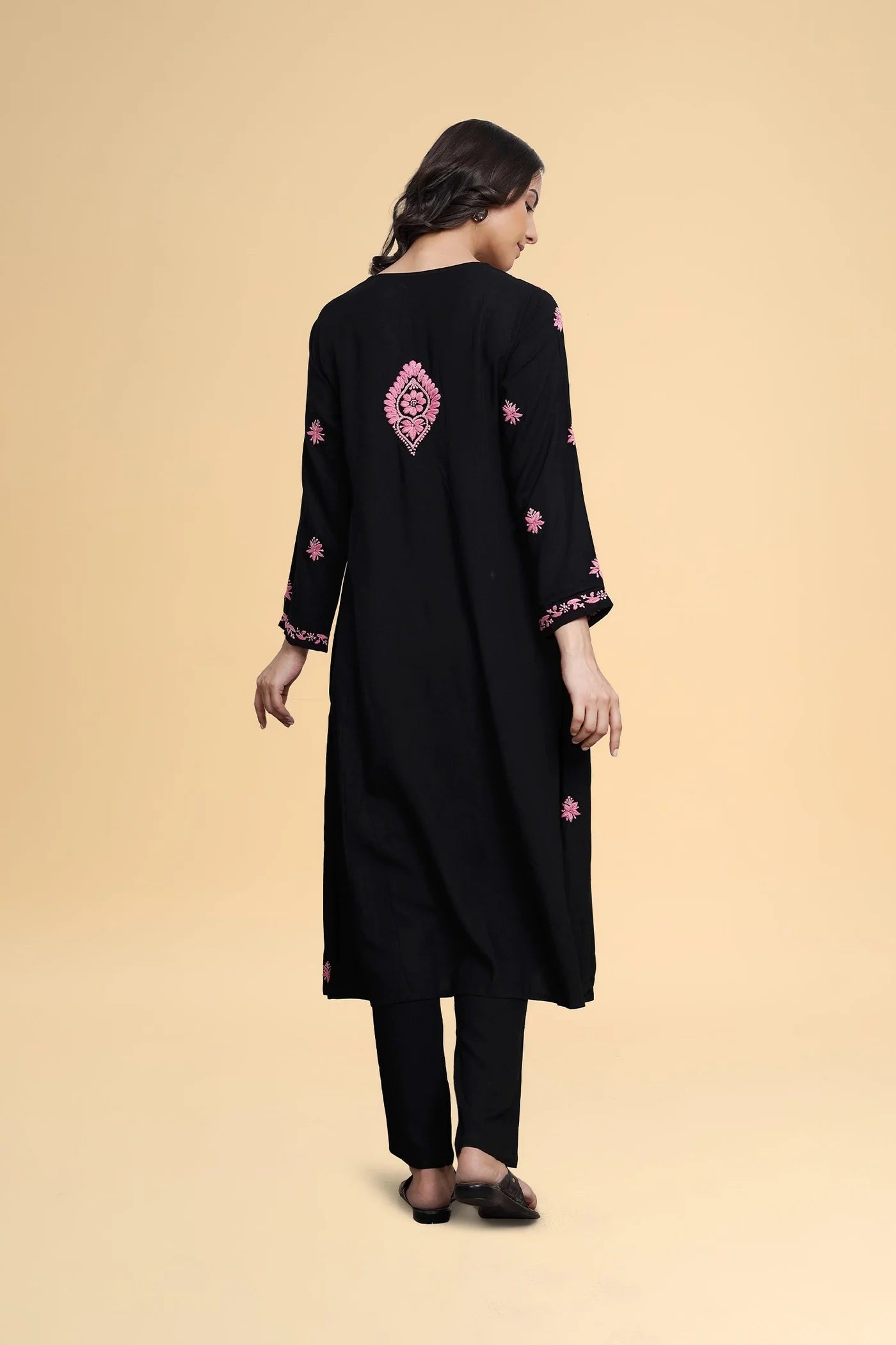 Chikankari Long Kurta in Rayon Cotton - Black