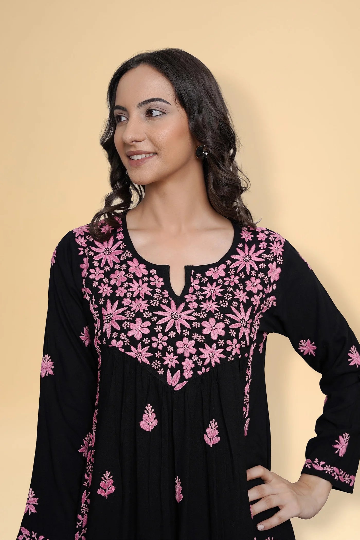 Chikankari Long Kurta in Rayon Cotton - Black