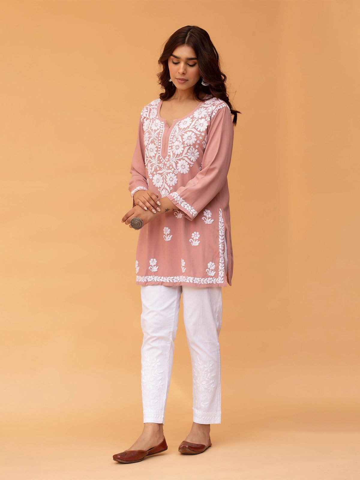 Chikankari Short Kurta in Rayon cotton - Peach