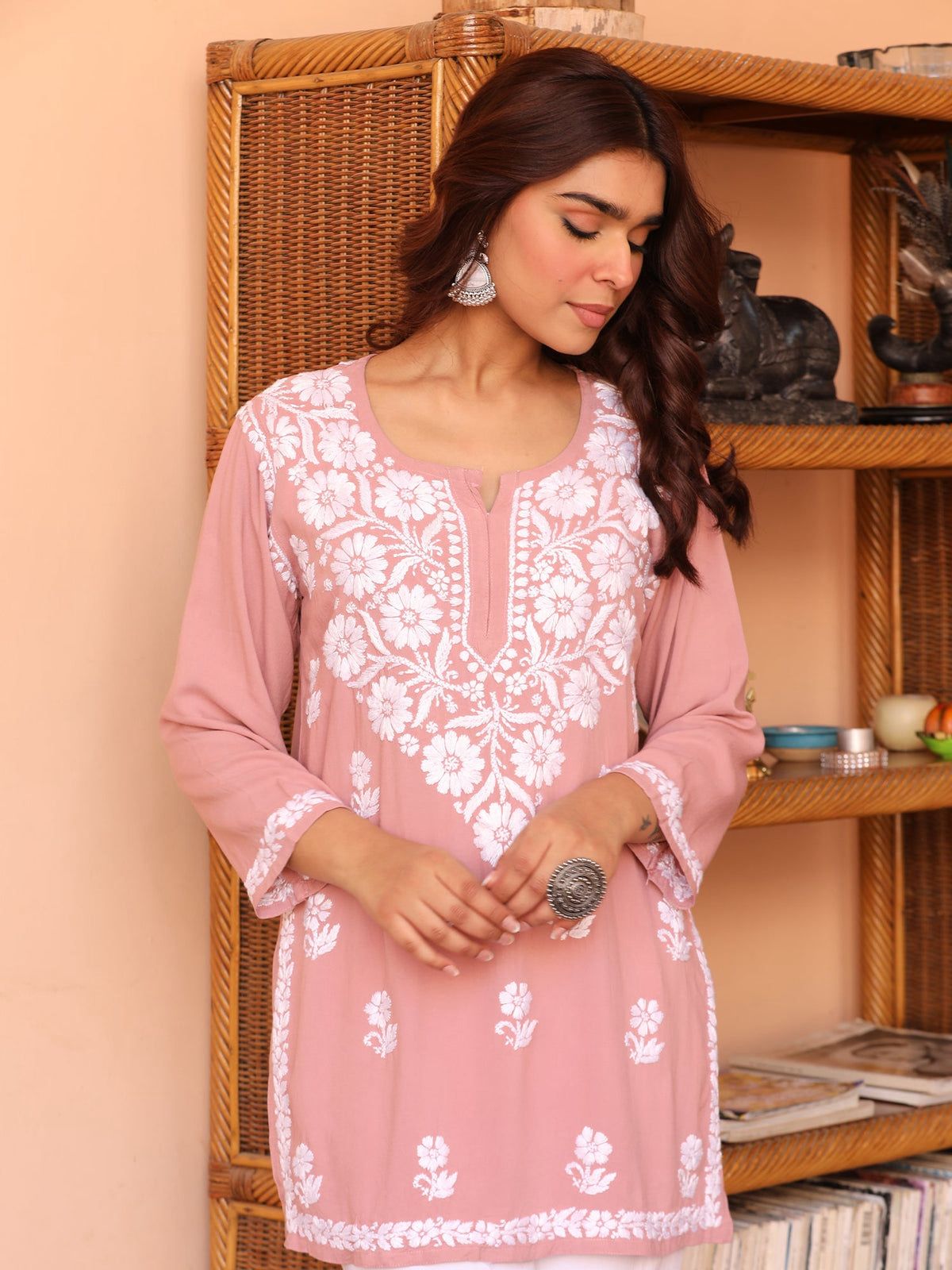 Chikankari Short Kurta in Rayon cotton - Peach